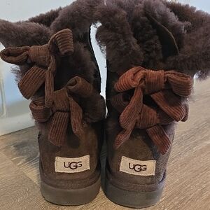 UGG Chocolate Suede Boots with Ribbon Accents